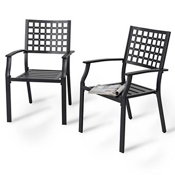 Patio 2 pc Dining Chair Set, Stackable Design, Powder-coated Iron Frame, Black