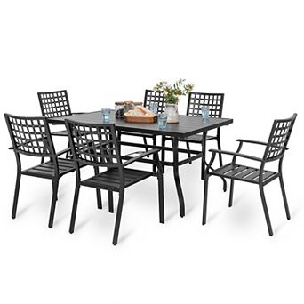 Outdoor 7 pc Dining Set with 1.57'' Umbrella Hole, Iron Frame, Black