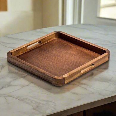 14" Square Acacia Wood Serving Tray Natural Wooden Platter for Cheese, Snacks & Drinks