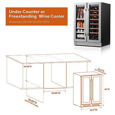 24 inch Wine Cooler Beverage Refrigerator, Hold 60 Cans and 20 Bottles Dual Zone
