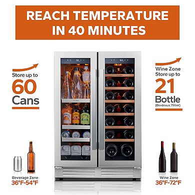 24 inch Wine Cooler Beverage Refrigerator, Hold 60 Cans and 20 Bottles Dual Zone