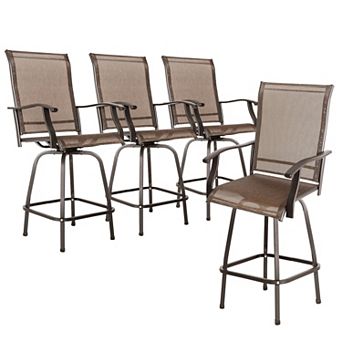 Outdoor Patio 4 pc Iron Swivel Bar Stools, All-Weather Textilene, Brown with Gold Speckles