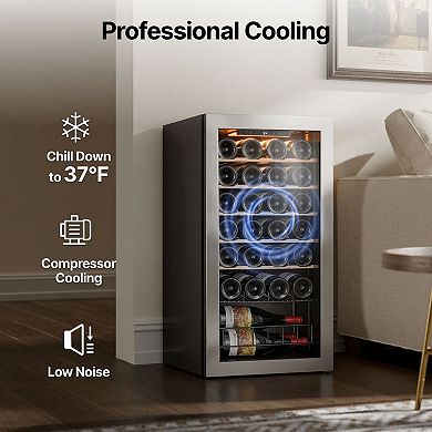 Wine Cooler Refrigerator Fridge，27 Bottle Mini Wine Fridge with Glass Door for Home
