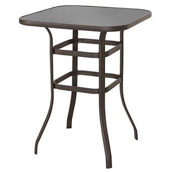 Outdoor 32 Inch Square Metal Bar Table with Tempered Glass Tabletop, Brown with Gold Speckles