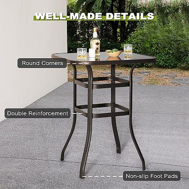 Outdoor 32 Inch Square Metal Bar Table with Tempered Glass Tabletop, Brown with Gold Speckles