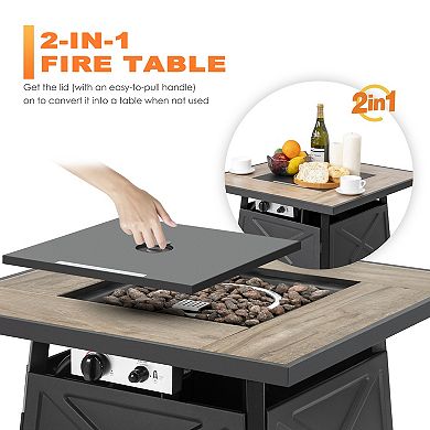 Outdoor 28 Inch 50,000 BTU Propane Gas Square Fire Pit Table with Cover, Iron Frame, Black