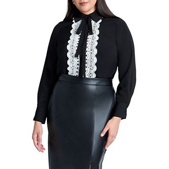 ELOQUII Women's Plus Size Collared Shirt With Lace-Trimmed Placket
