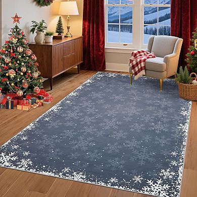 Christmas Rug, Non-Slip Rug with Snowflake Design, Boho Holiday Floor Mat for Living Room, Bedroom