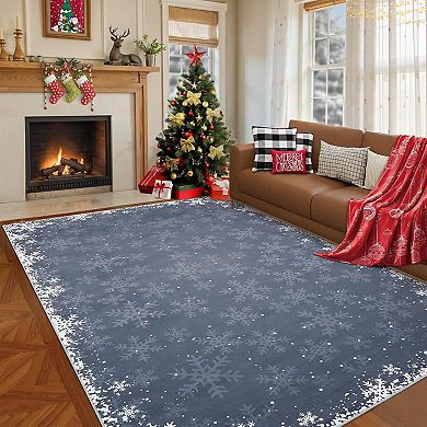 Christmas Rug, Non-Slip Rug with Snowflake Design, Boho Holiday Floor Mat for Living Room, Bedroom
