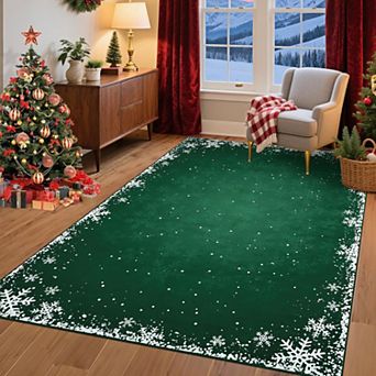 Christmas Rug, Non-Slip Rug with Snowflake Design, Boho Holiday Floor Mat for Living Room, Bedroom
