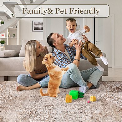 Vintage Area Rug with Ornate Soft Faux Wool Non-Slip Rug for Living Room, Bedroom