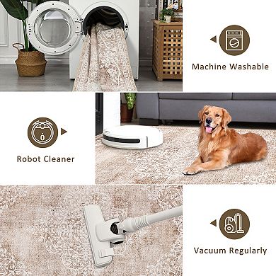 Vintage Area Rug with Ornate Soft Faux Wool Non-Slip Rug for Living Room, Bedroom