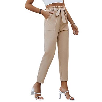 Womens Elastic Waist Trousers Work Pants Flounce Belt with Pocket