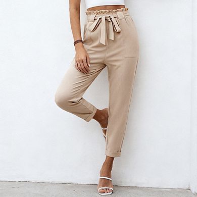 Womens Elastic Waist Trousers Work Pants Flounce Belt with Pocket