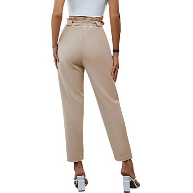 Womens Elastic Waist Trousers Work Pants Flounce Belt with Pocket