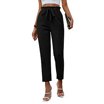 Womens Elastic Waist Trousers Work Pants Flounce Belt with Pocket