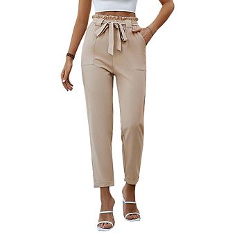 Womens Elastic Waist Trousers Work Pants Flounce Belt with Pocket