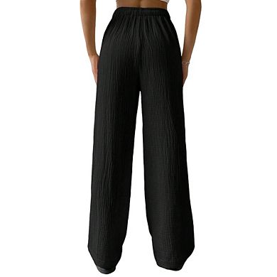 Womens Relaxed Fit Wide Leg Pants Elastic Drawstring Waist Pocket