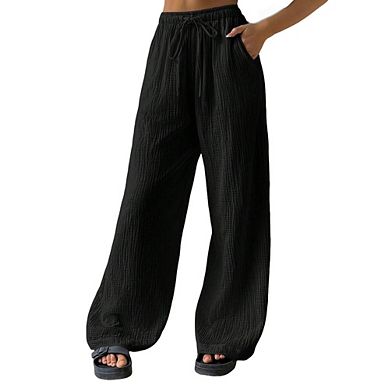 Womens Relaxed Fit Wide Leg Pants Elastic Drawstring Waist Pocket