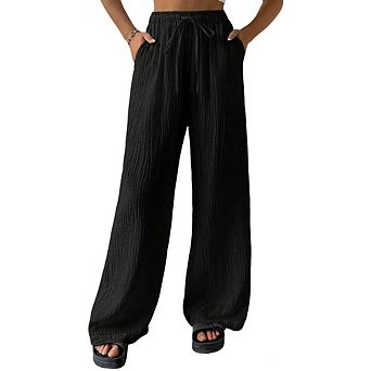 Womens Relaxed Fit Wide Leg Pants Elastic Drawstring Waist Pocket