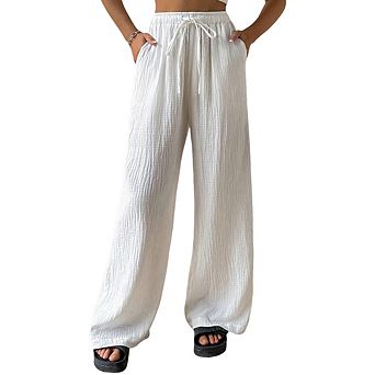 Womens Relaxed Fit Wide Leg Pants Elastic Drawstring Waist Pocket