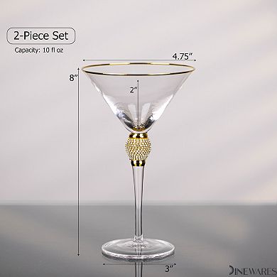 2 Piece Premium Clear Stem Crystal Martini Glasses with Diamond-like Rhinestones