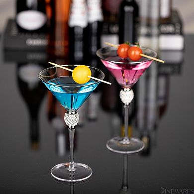 2 Piece Premium Clear Stem Crystal Martini Glasses with Diamond-like Rhinestones