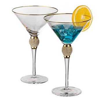 2 pc Premium Clear Stem Crystal Martini Glasses with Diamond-like Rhinestones
