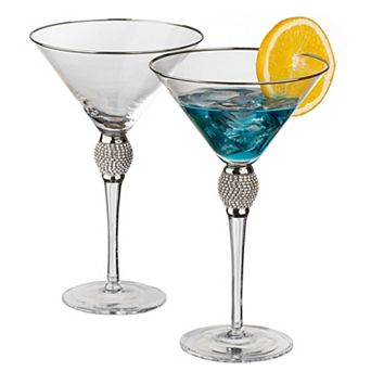 2 pc Premium Clear Stem Crystal Martini Glasses with Diamond-like Rhinestones