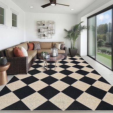 Modern Checkered Jute Area Rug, Machine Washable with Non-Slip Backing for Indoor Outdoor