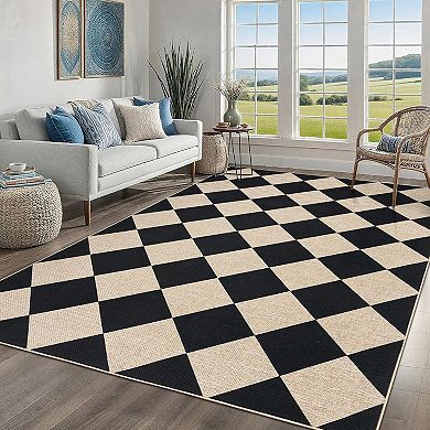 Modern Checkered Jute Area Rug, Machine Washable with Non-Slip Backing for Indoor Outdoor