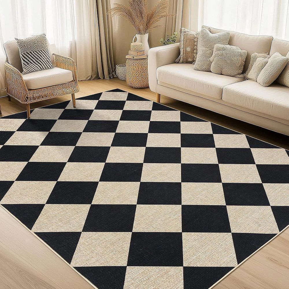 Modern Checkered Jute Area Rug, Machine Washable with Non-Slip Backing ...