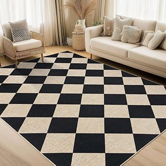 Modern Checkered Jute Area Rug, Machine Washable with Non-Slip Backing for Indoor Outdoor