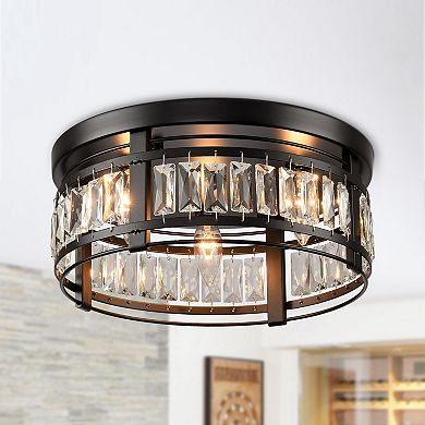 Parrot Unlce 13.3" Modern Black 3-Light Crystal Flush Mount Chandelier for Hallway