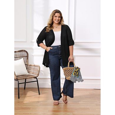 Plus Size Women's Hollow Out Crochet 3/4 Sleeve Side Slits Long Open Front Cardigan Cover Up