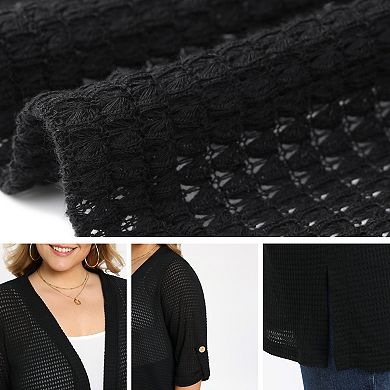 Plus Size Women's Hollow Out Crochet 3/4 Sleeve Side Slits Long Open Front Cardigan Cover Up