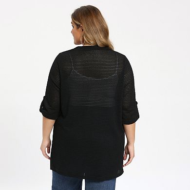 Plus Size Women's Hollow Out Crochet 3/4 Sleeve Side Slits Long Open Front Cardigan Cover Up