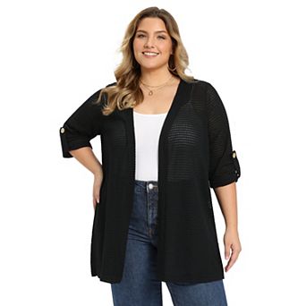 Plus Size Women's Hollow Out Crochet 3/4 Sleeve Side Slits Long Open Front Cardigan Cover Up