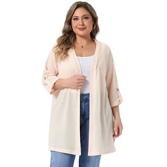 Plus Size Women's Hollow Out Crochet 3/4 Sleeve Side Slits Long Open Front Cardigan Cover Up