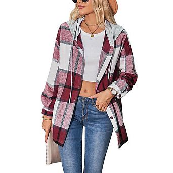 Womens Long Sleeve Drawstring Hood Plaid Shirt Jacket Mid Long Length Shacket