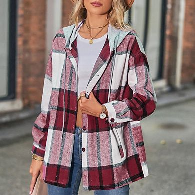 Womens Long Sleeve Drawstring Hood Plaid Shirt Jacket Mid Long Length Shacket