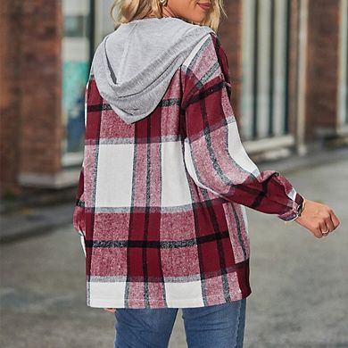 Womens Long Sleeve Drawstring Hood Plaid Shirt Jacket Mid Long Length Shacket