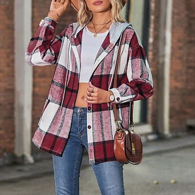 Womens Long Sleeve Drawstring Hood Plaid Shirt Jacket Mid Long Length Shacket