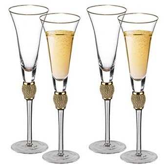 4 pc Elegant Crystal Set Wedding Champagne Glasses with Diamond Rhinestone Accents