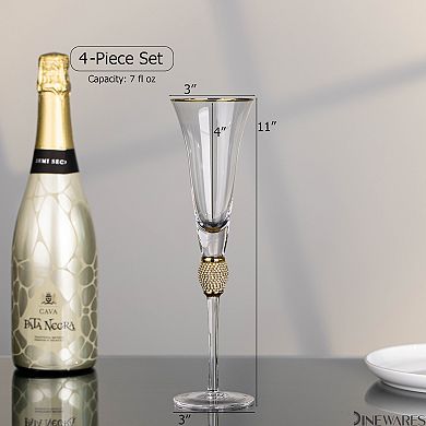 4 Piece Elegant Crystal Set Wedding Champagne Glasses with Diamond Rhinestone Accents