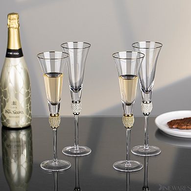 4 Piece Elegant Crystal Set Wedding Champagne Glasses with Diamond Rhinestone Accents