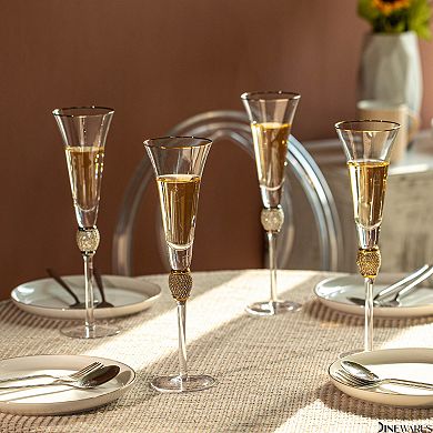4 Piece Elegant Crystal Set Wedding Champagne Glasses with Diamond Rhinestone Accents