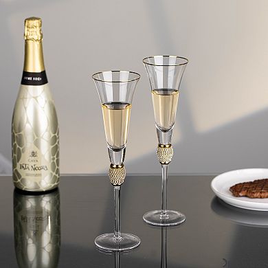 2 Piece Elegant Crystal Set Wedding Champagne Glasses with Diamond Rhinestone Accents.