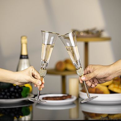 2 Piece Elegant Crystal Set Wedding Champagne Glasses with Diamond Rhinestone Accents.