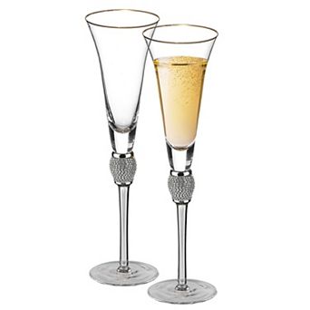 2 pc Elegant Crystal Set Wedding Champagne Glasses with Diamond Rhinestone Accents.